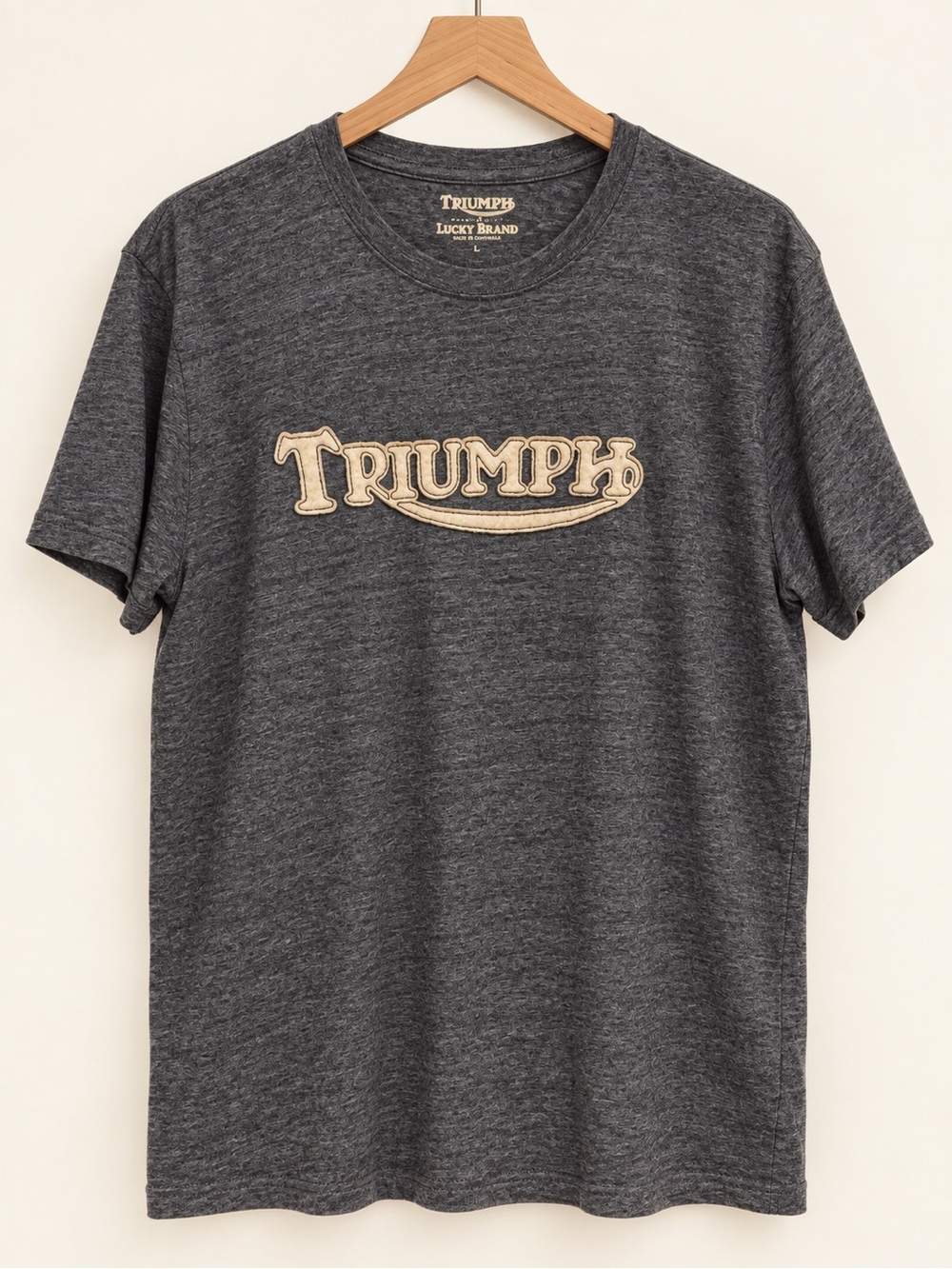 Lucky Brand Charcoal Short-Sleeve Triumph Logo Tee with Cream Embroidery